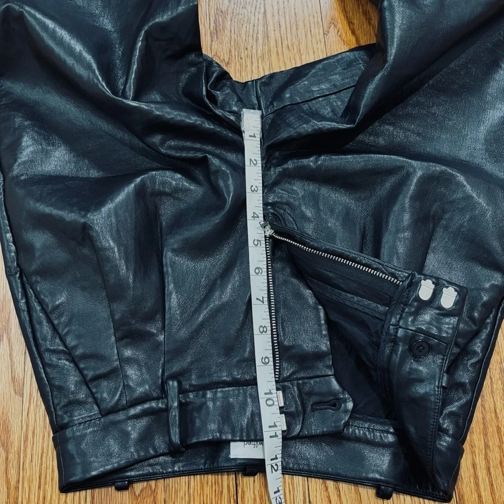 Wilfred preppy black soft faux leather high rise pleated straight leg crop pants